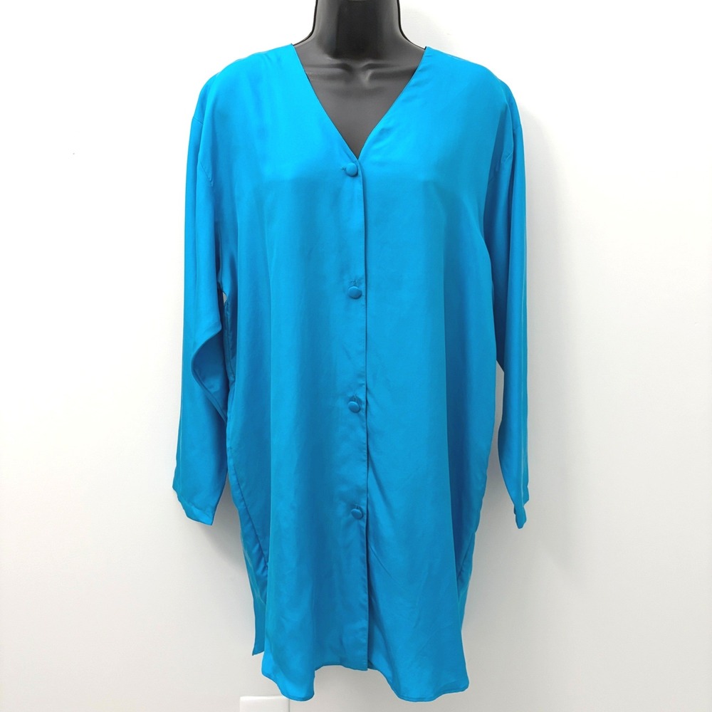 Delicates Sleep Shirt Vintage Satin Button Front Medium Turquoise Blue